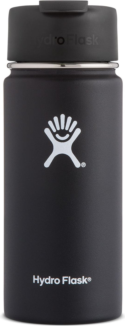 A black water bottle with a white logo.
