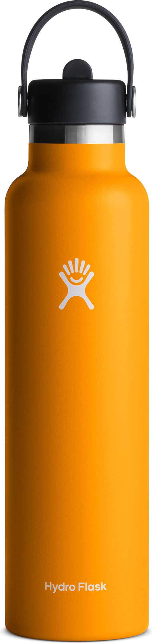 An orange water bottle with a black cap and handle.