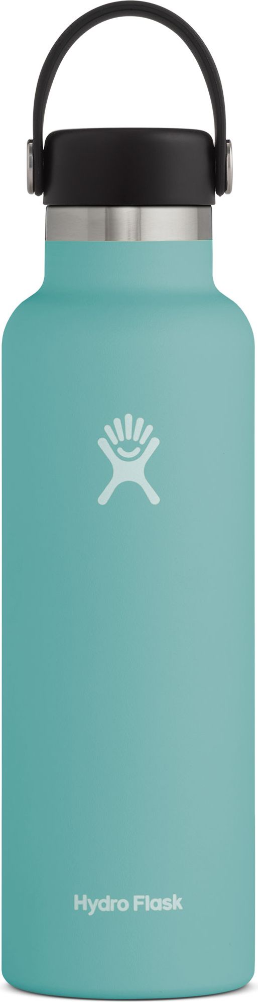 Hydro Flask insulated water bottle with black lid and handle.