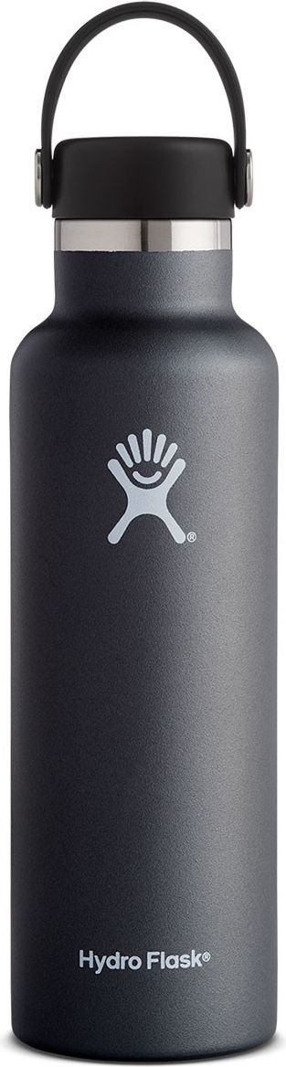 A black water bottle with a Hydro Flask logo.