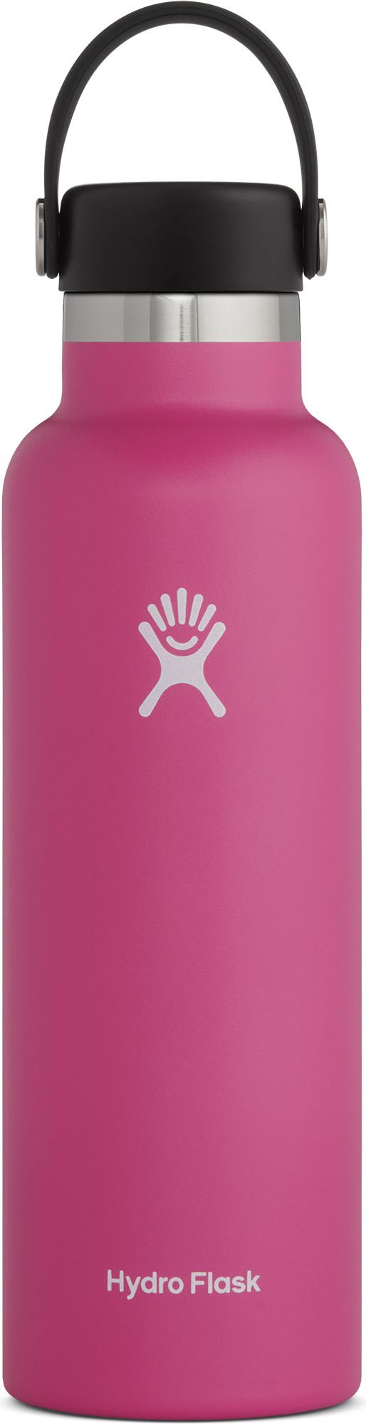 A pink hydro flask with a black cap and handle.