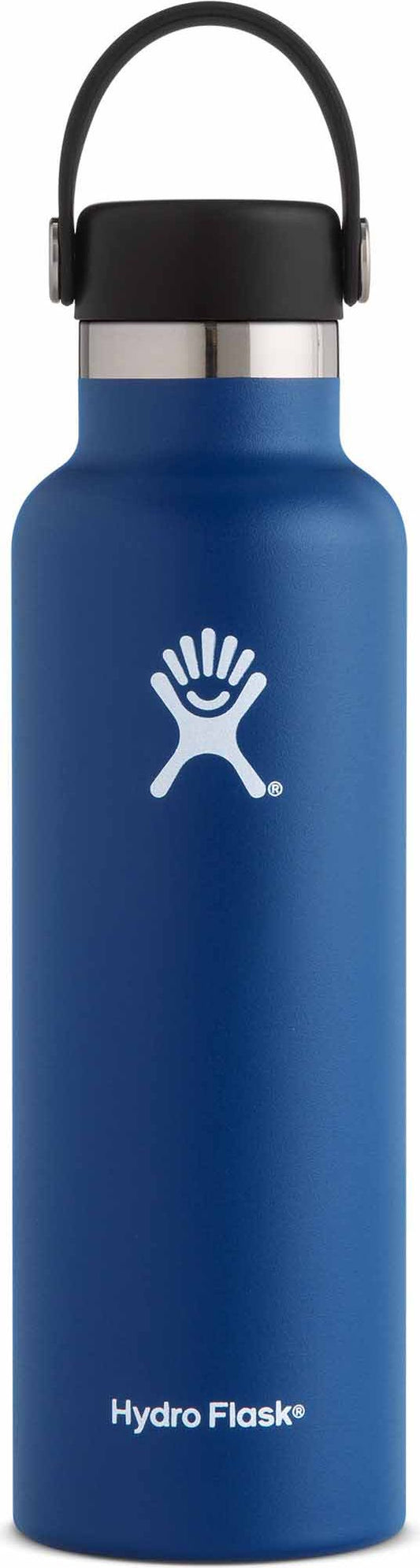 A blue water bottle with a black cap and carrying handle.
