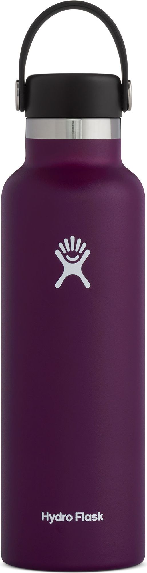 A purple water bottle with a black lid and handle, and the words "Hydro Flask" printed on the bottom.