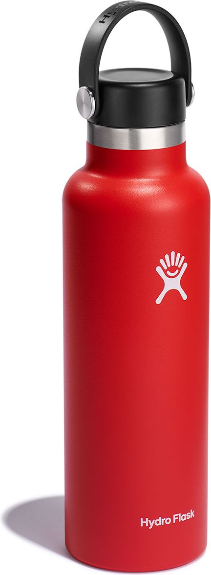 Red insulated water bottle with a black cap and handle, and a white logo.