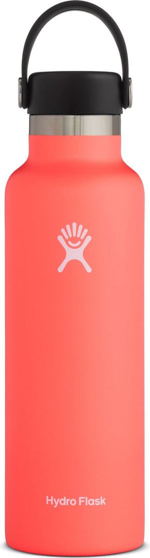 A red Hydro Flask water bottle with a black lid and handle.