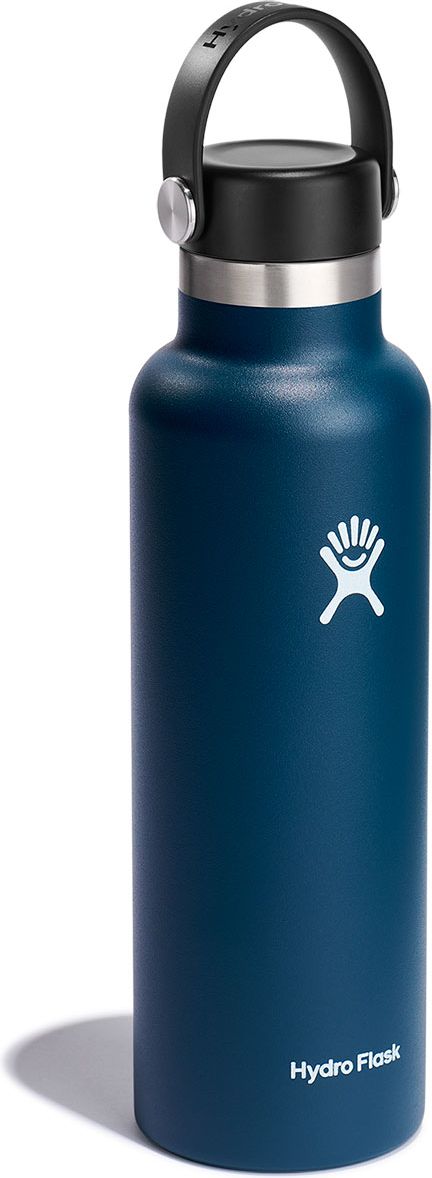 A dark blue water bottle with a black lid and handle, and a white smiling figure logo.