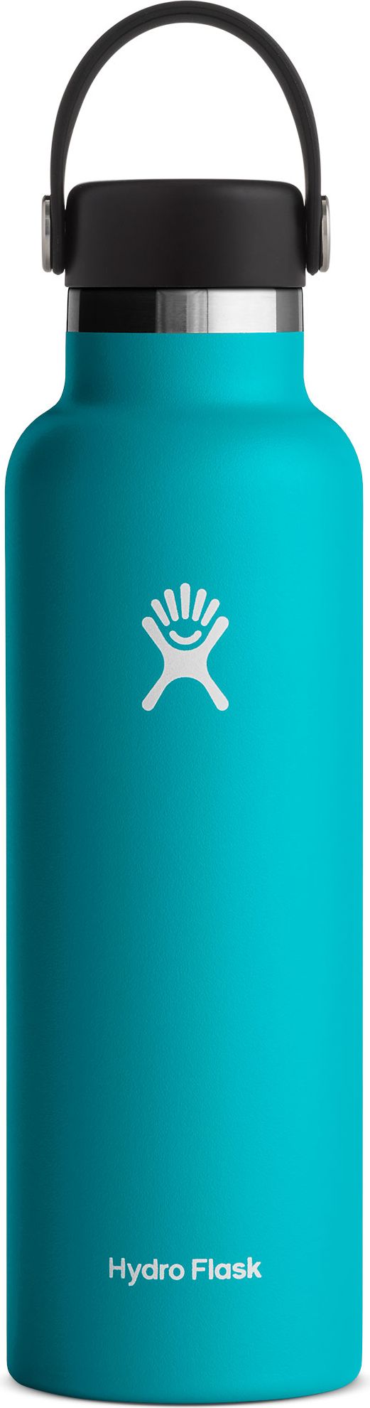 A teal-colored water bottle with a black lid and carrying handle.