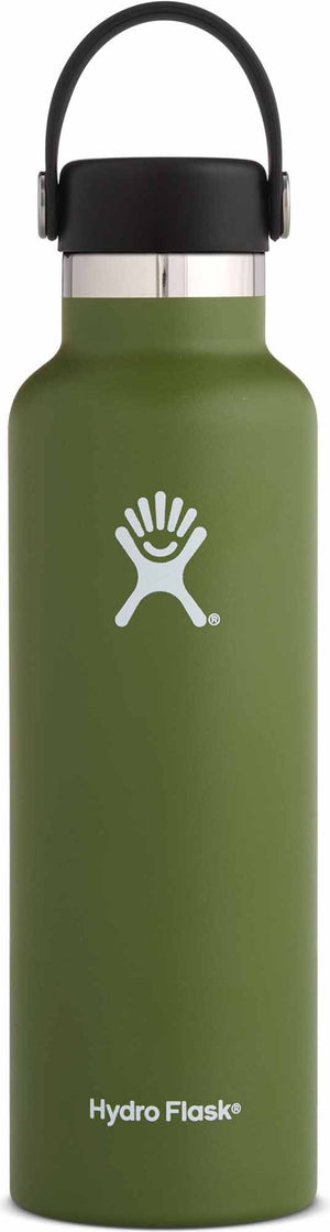 A Hydro Flask water bottle in olive green, featuring a black cap and handle, with the brand logo in white.