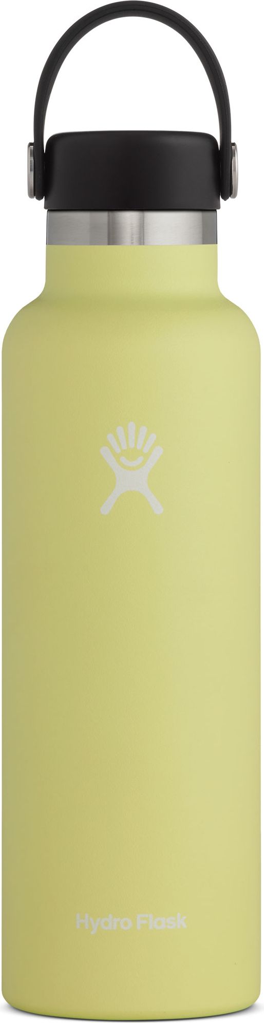 Yellow water bottle with a black handle.