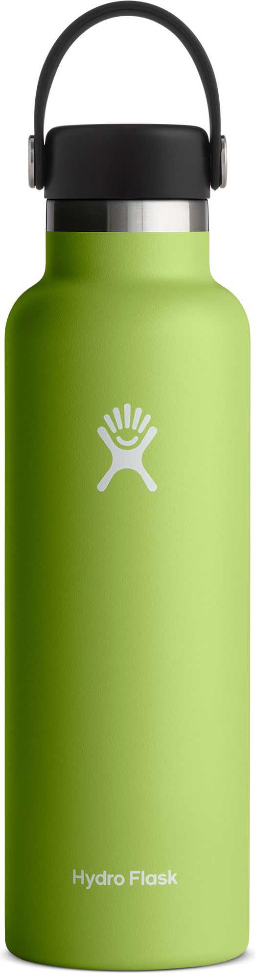 Green water bottle with a black lid and a loop handle.