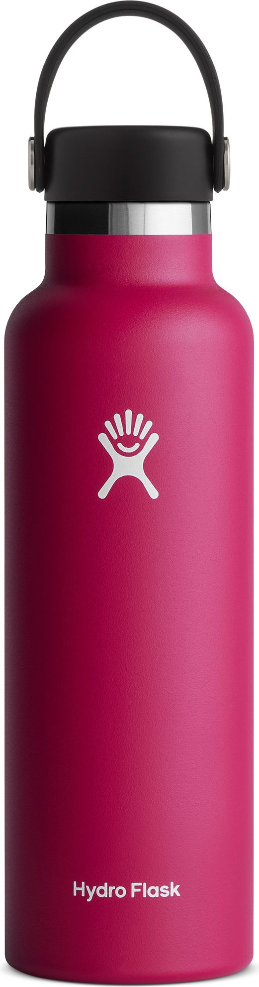 A red Hydro Flask bottle with a black handle.