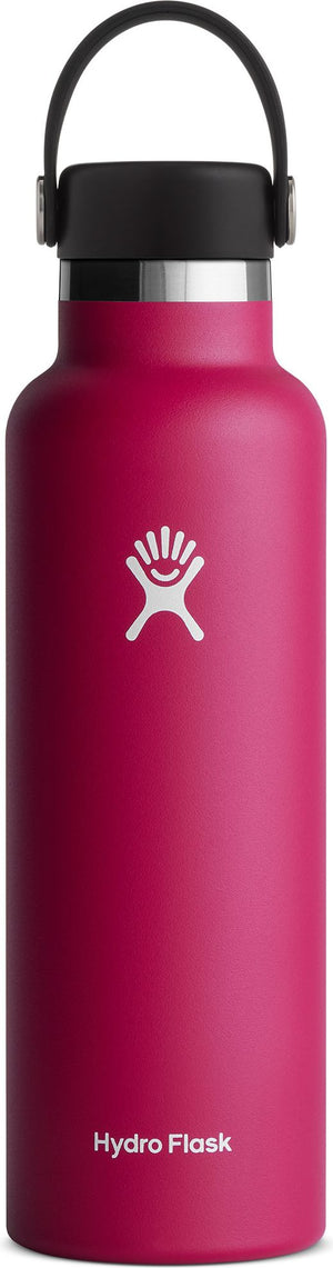 A red Hydro Flask bottle with a black handle.