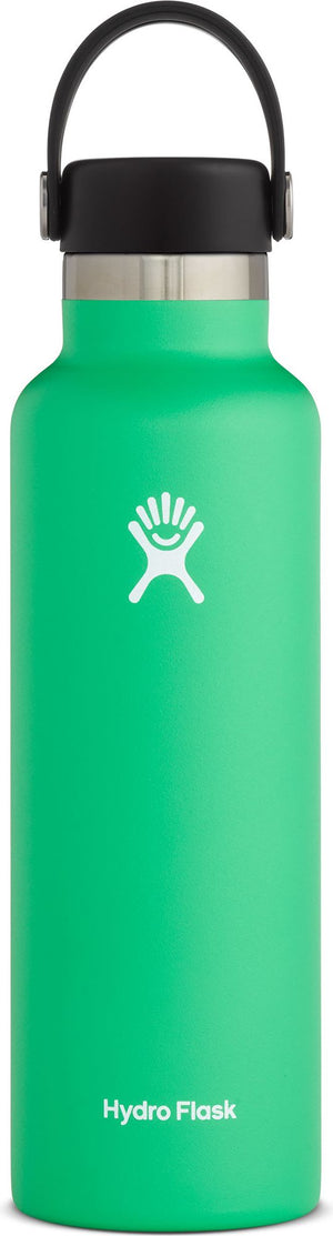 A green Hydro Flask water bottle with a black lid and handle.