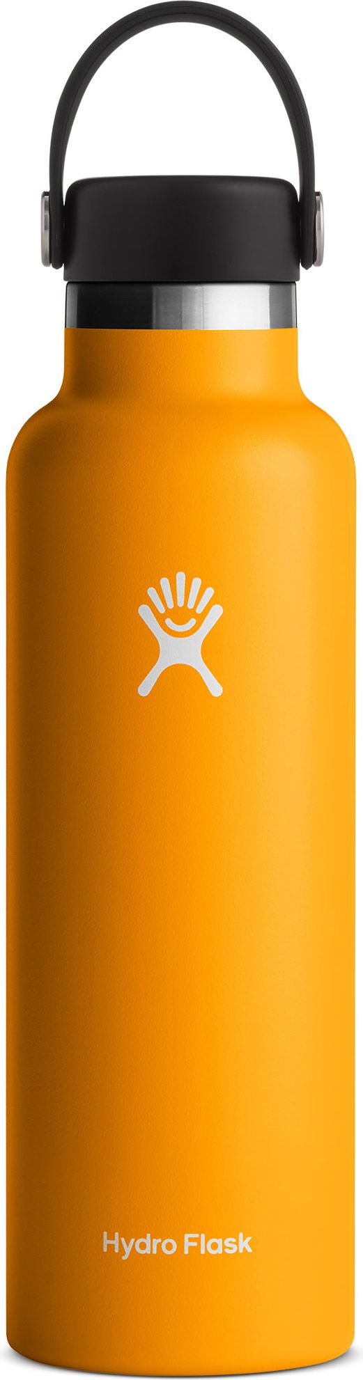 Orange Hydro Flask bottle with black lid and black handle