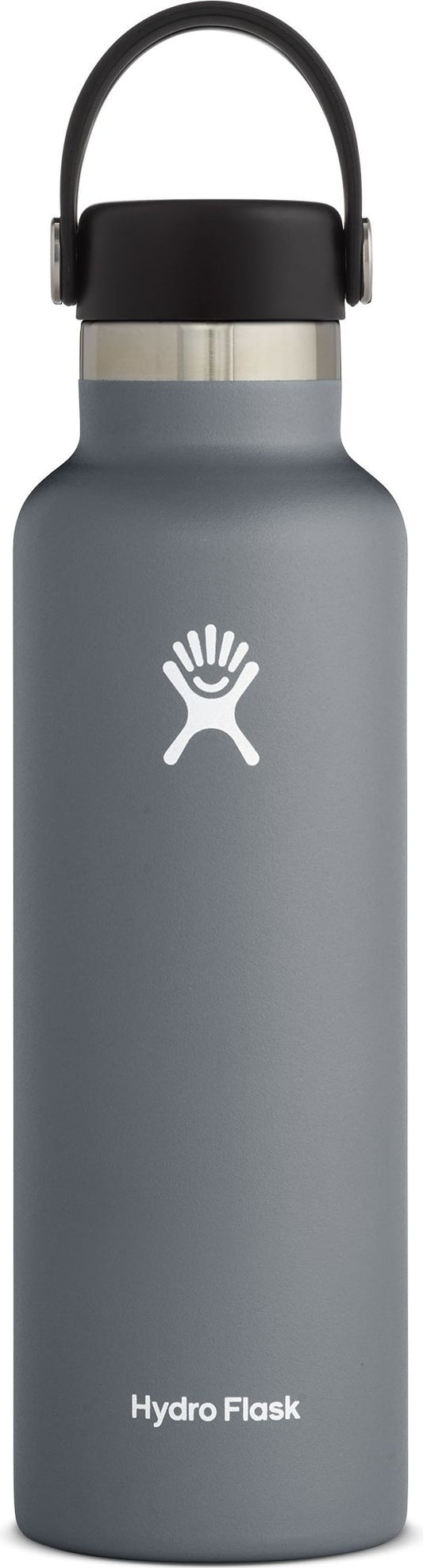 Gray water bottle with a handle and Hydro Flask logo.