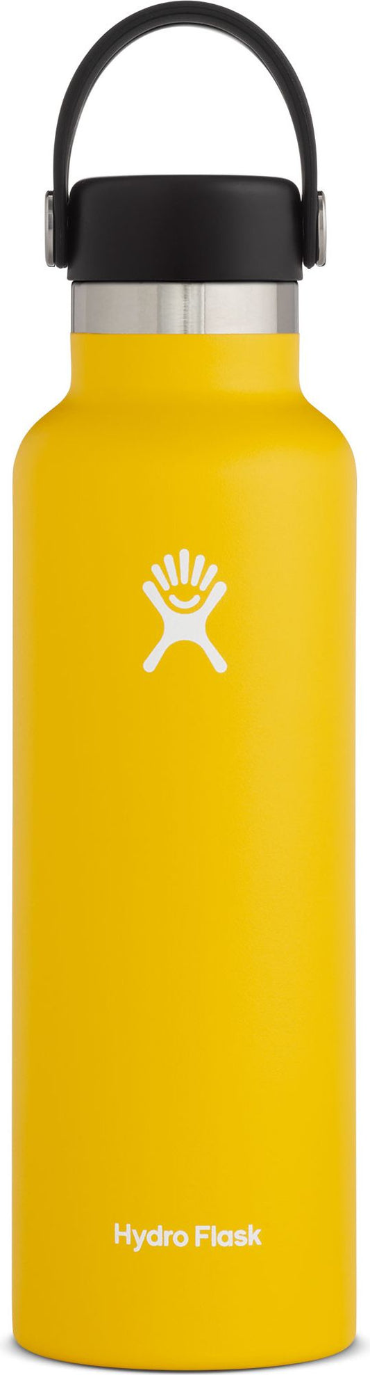 Yellow water bottle with black cap and handle.