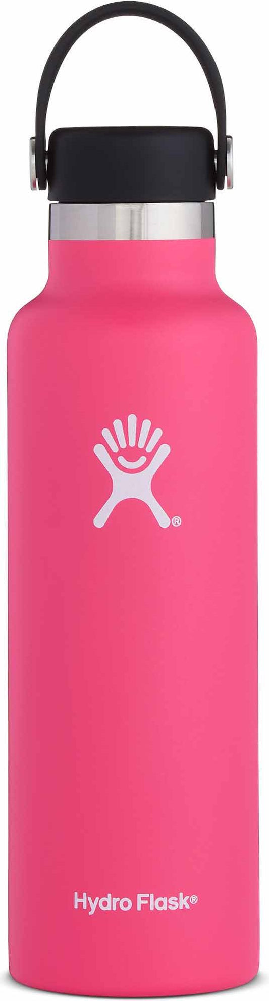 A pink water bottle with a black lid and a black handle. The bottle has a white logo on the front and the text "Hydro Flask" at the bottom.