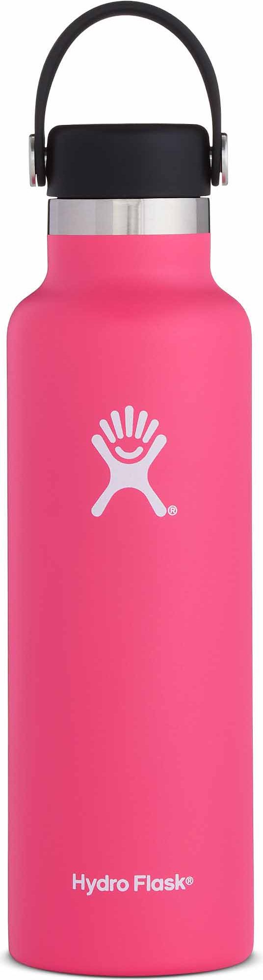 A pink water bottle with a black lid and a black handle. The bottle has a white logo on the front and the text "Hydro Flask" at the bottom.