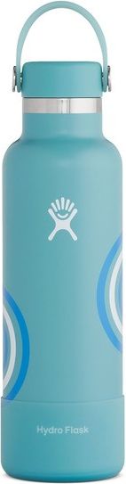 A light blue water bottle with a white logo and blue circles.