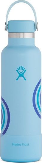 A light blue insulated water bottle with concentric blue stripes.