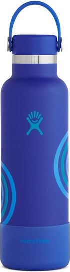 Blue Hydro Flask water bottle with rainbow design.