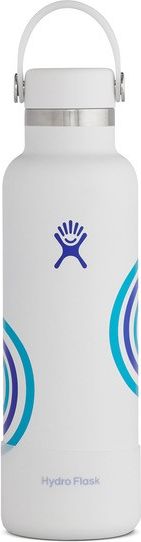 A white hydro flask with blue and teal circle accents.