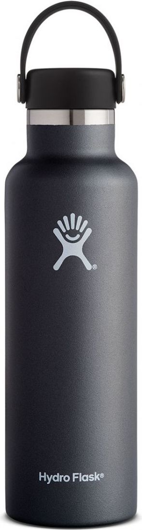 A gray hydro flask with a black lid and handle.