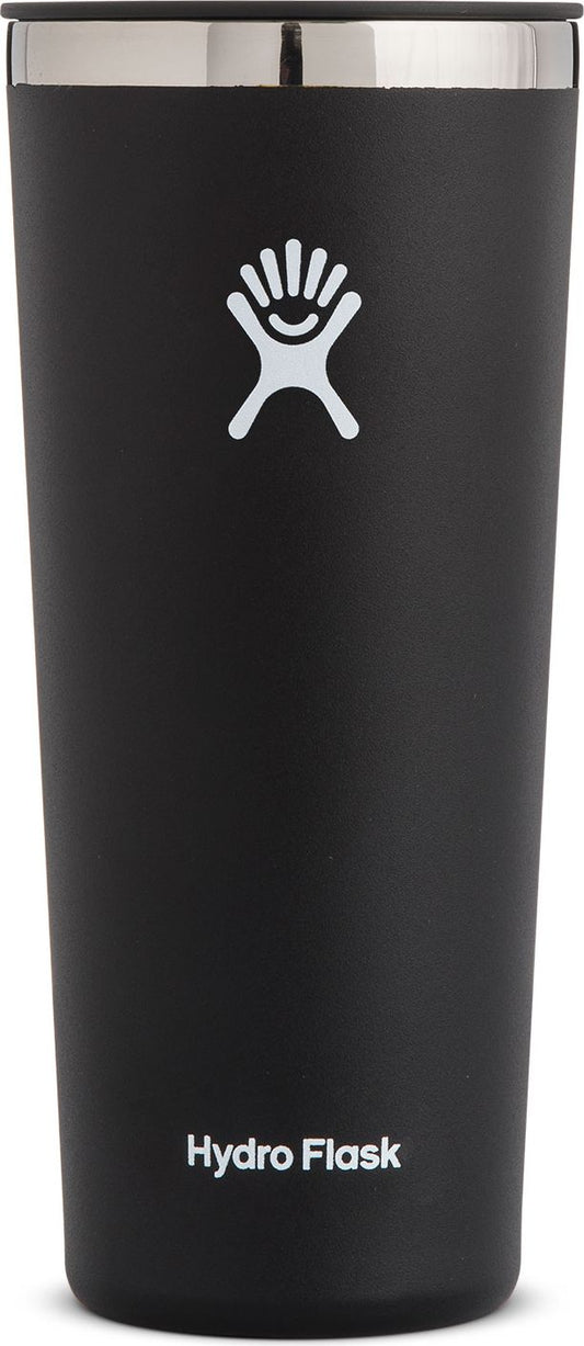A black hydro flask with the brand name at the bottom and a white logo on the top.