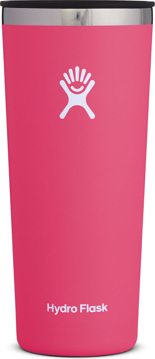 A tall pink tumbler with logos on the side and a metallic rim.