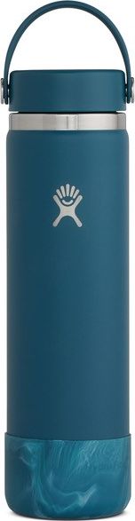 A Hydro Flask water bottle that is blue with a handle.