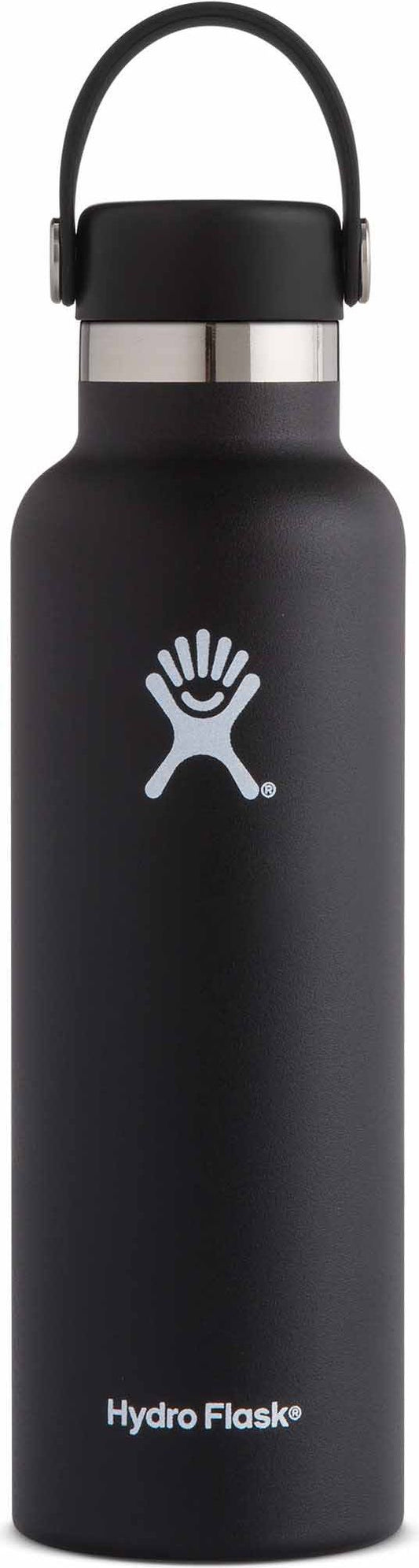 A black water bottle with a handle and logo.