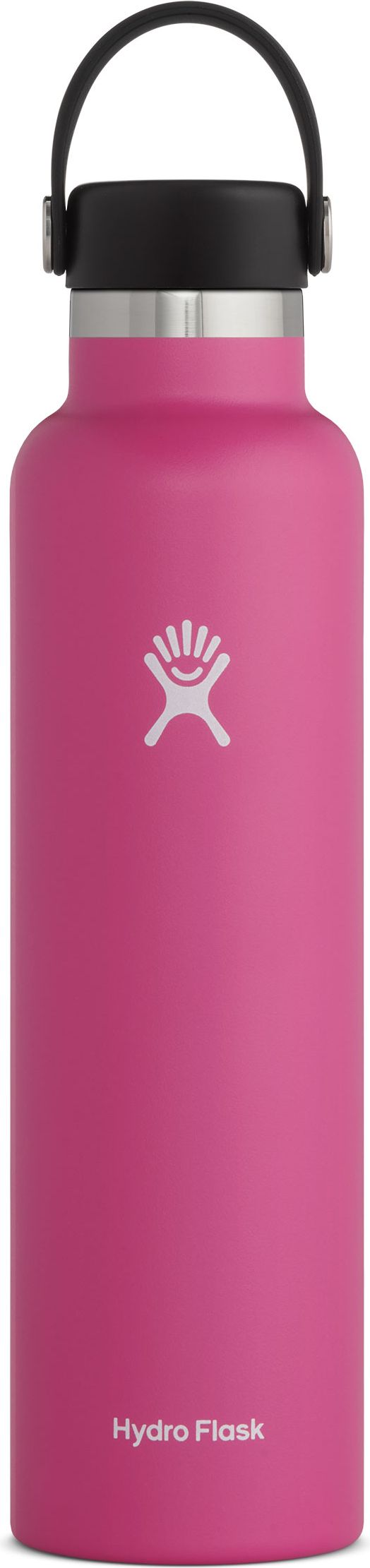 A pink Hydro Flask water bottle with a black cap and handle.