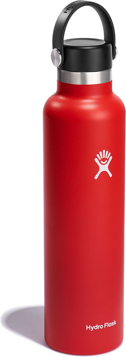 Red water bottle with a black lid and handle.