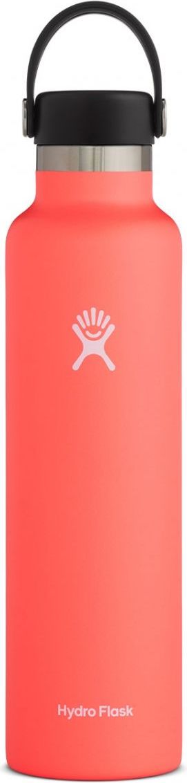 Coral water bottle with black cap and handle.