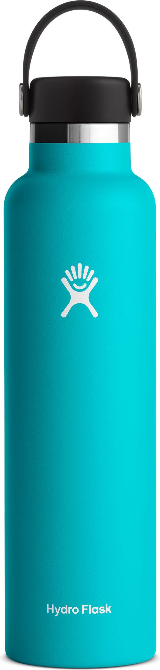 A teal Hydro Flask water bottle with a black cap and handle.
