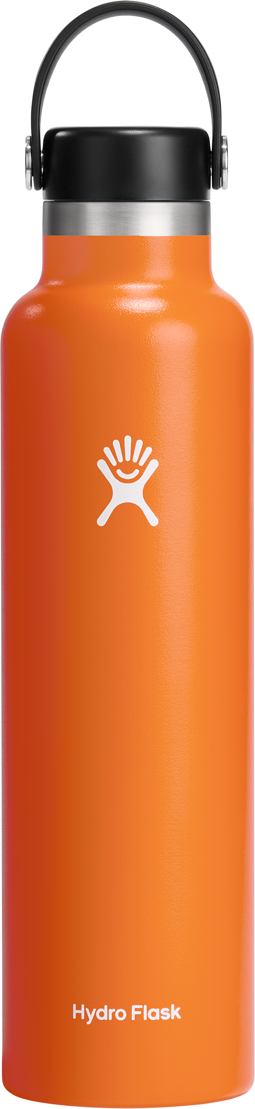 Orange water bottle with a black lid and a handle.