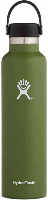 Olive-green water bottle with a black cap and handle, displaying a white logo and the text "Hydro Flask" at the bottom.