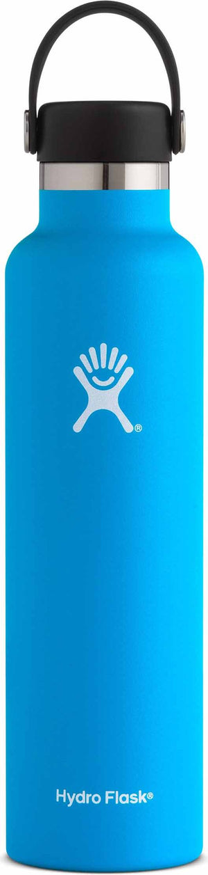 Blue water bottle with black lid and Hydro Flask logo.