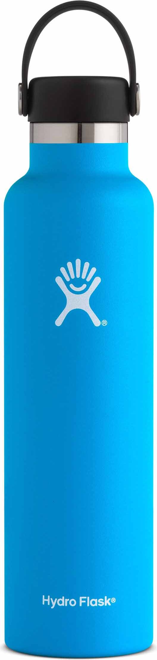 Blue water bottle with black lid and Hydro Flask logo.