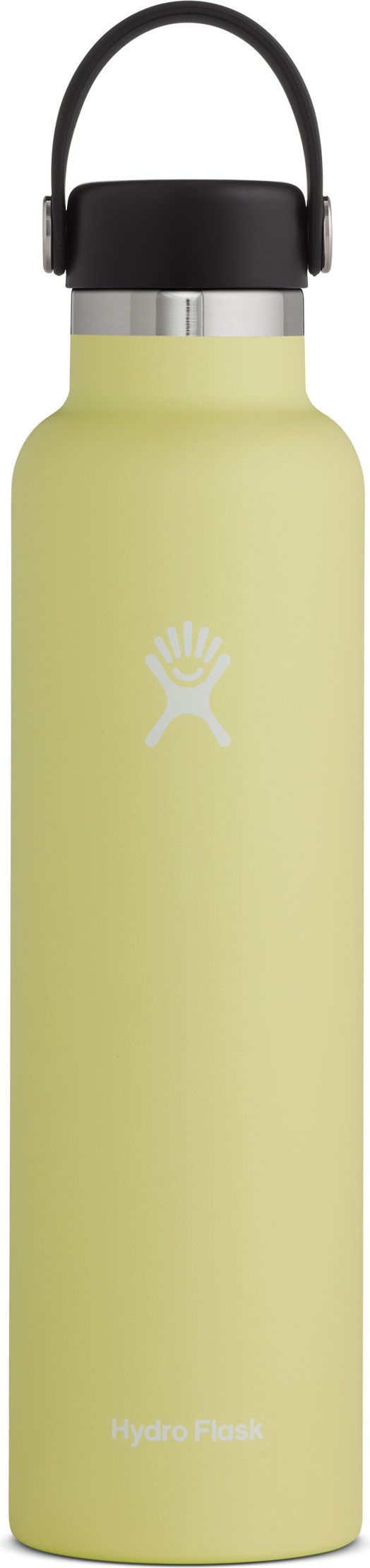 A yellow Hydro Flask bottle with a black cap and handle.