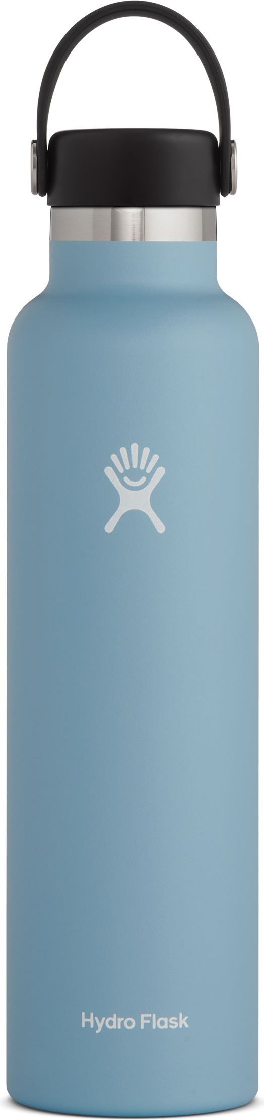 Light blue water bottle with black lid and handle.