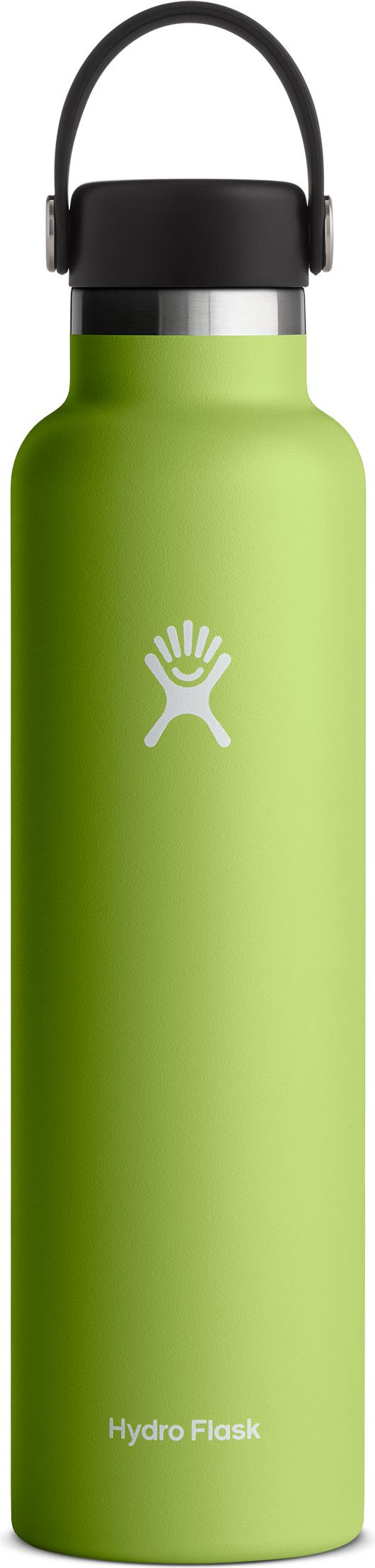 Green water bottle with black cap and handle.