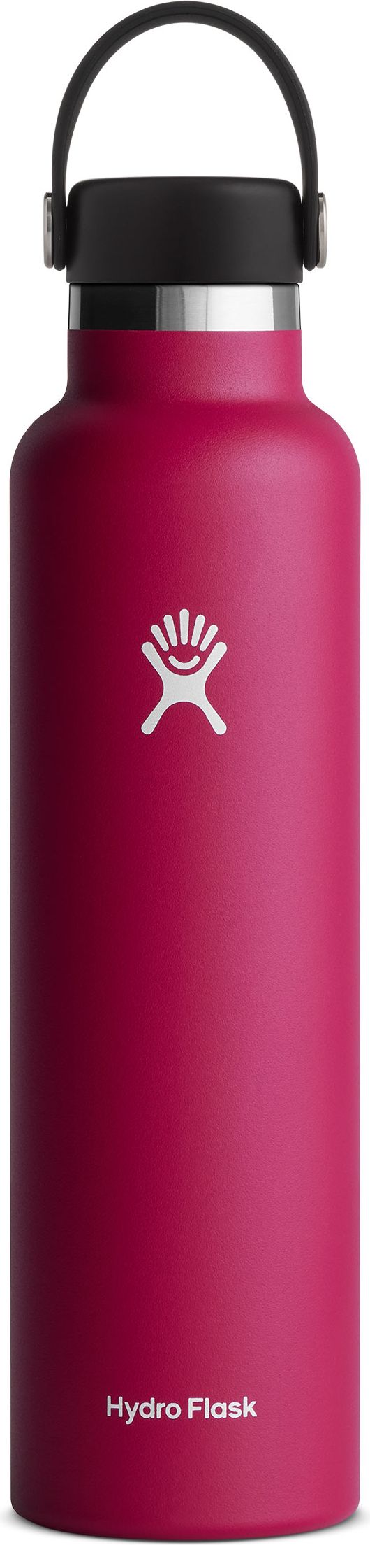 A pink Hydro Flask water bottle with a black cap and handle, featuring the Hydro Flask logo.