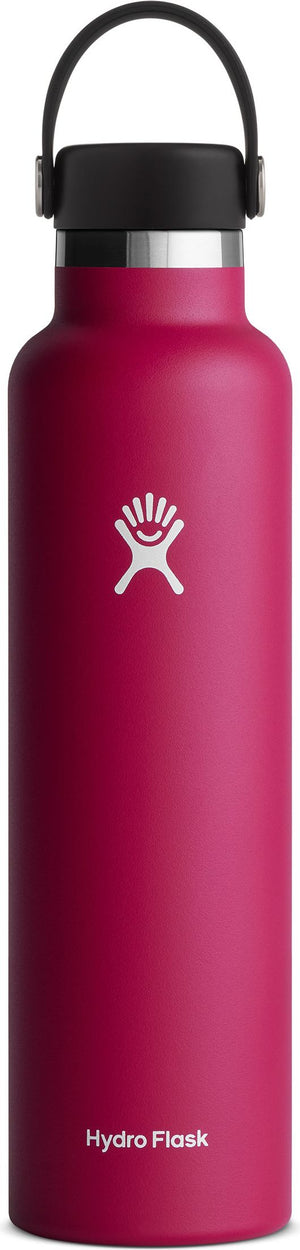 A pink Hydro Flask water bottle with a black cap and handle, featuring the Hydro Flask logo.