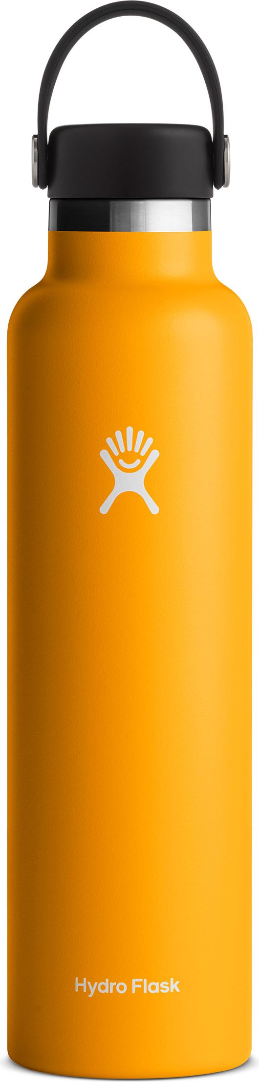Orange water bottle with a black lid and handle, featuring a white logo.