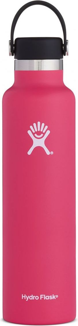 A pink reusable water bottle with a black lid and handle.