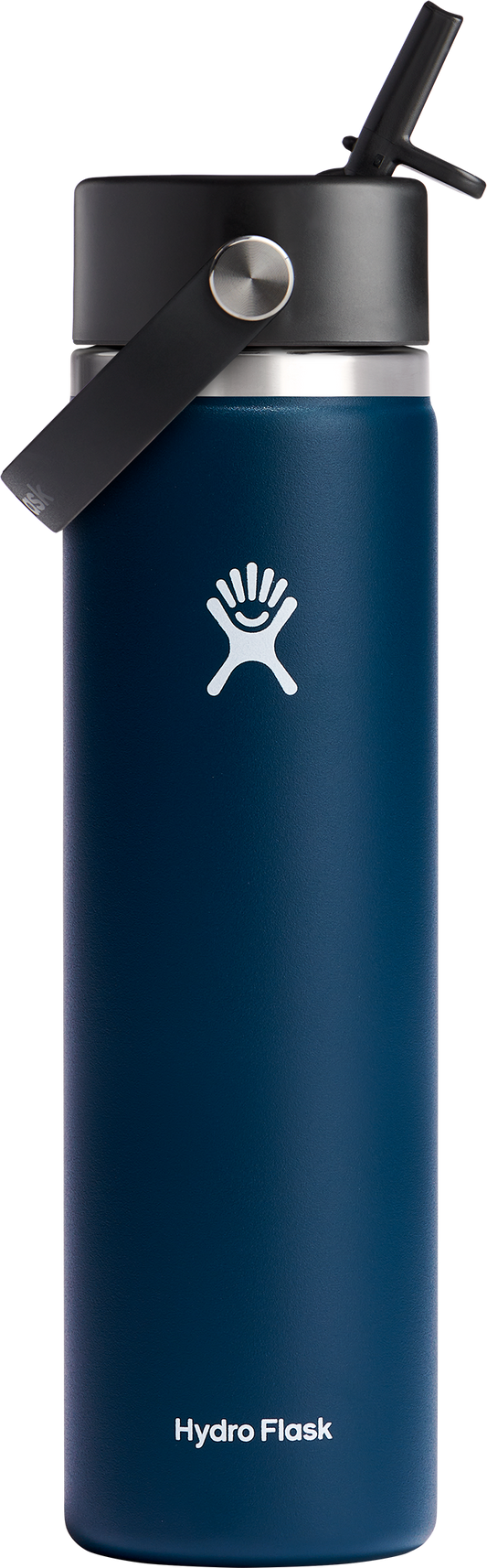 A dark blue Hydro Flask with a black straw.