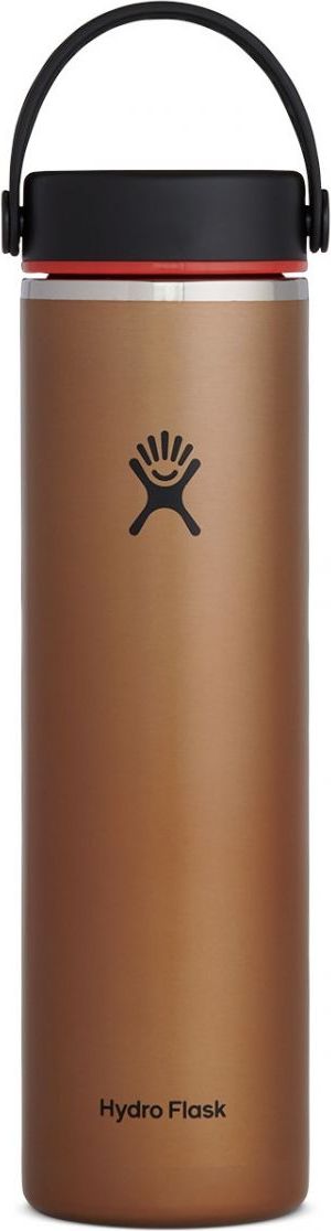 A tall copper-colored water bottle with a black lid and handle.