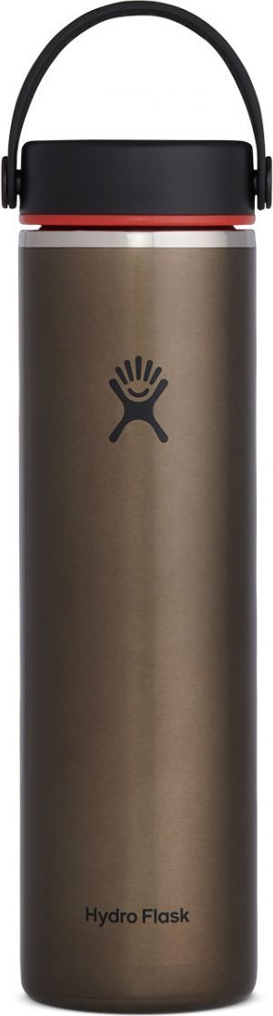 A stainless steel water bottle with a black handle and lid, featuring an orange gasket.