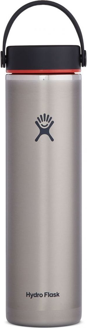 Silver Hydro Flask water bottle with black lid and handle
